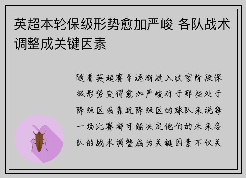 英超本轮保级形势愈加严峻 各队战术调整成关键因素 英超本轮保级形势愈加严峻 各队战术调整成关键因素
